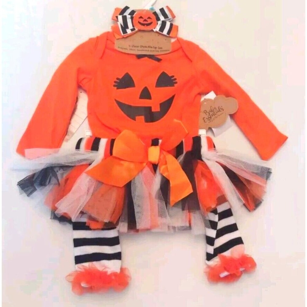 NWT Baby Essentials 4 Pc Fall Halloween Set: Skirt Tutu Bow Top Leg warmers 6 Mo